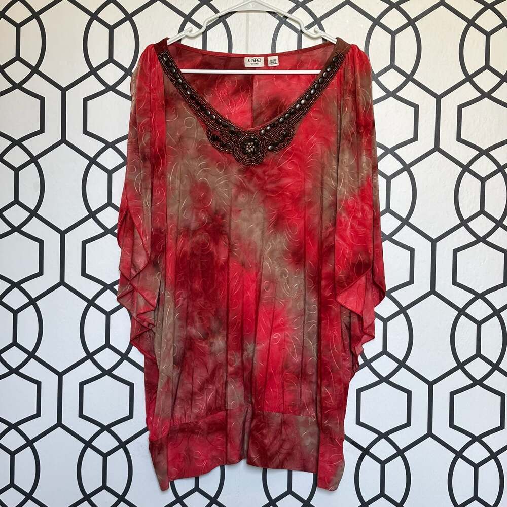 Cato Woman Red Brown Tie Dye Beaded V-Neck Flutter Sleeve Tunic Top 26/28W